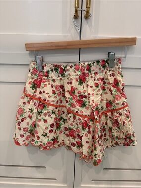 LoveShackFancy Cream Mini Skirt with Red & Green Strawberry Floral Print